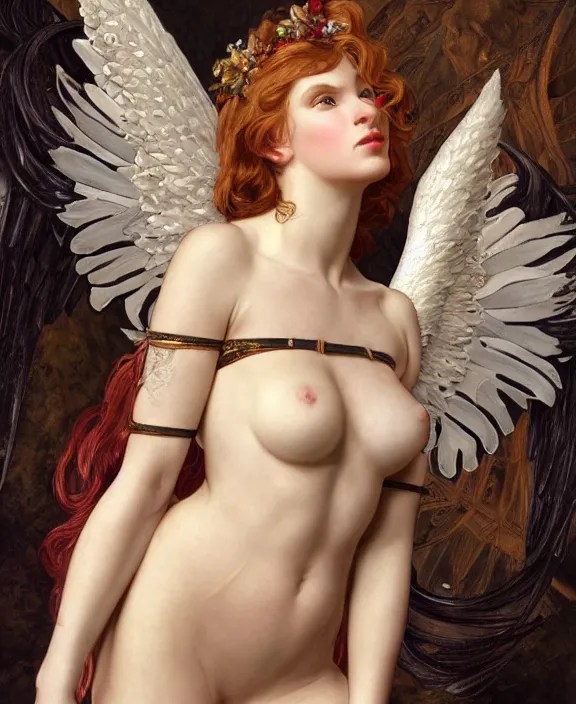 Image similar to a detailed hyperrealistic renaissance angel wearing an intricate leather garters set, honey birdette, realistic renaissance portrait, highly detailed, digital painting, artstation, concept art, smooth, sharp focus, illustration, cinematic lighting, art by artgerm and wlop and alphonse mucha and jacques louis david and john william godward