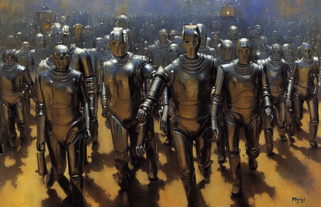 Image similar to march of the cybermen, detailed painting, epic lighting, by ilya repin, phil hale and kent williams