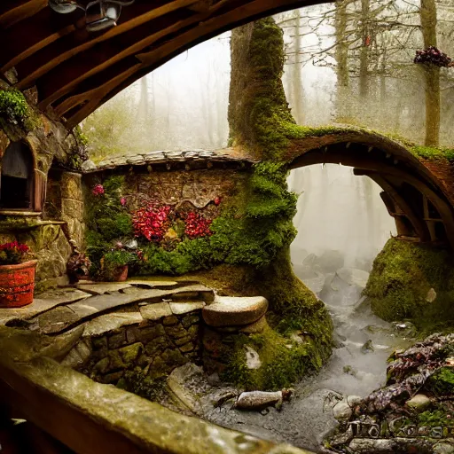 Image similar to inside a medieval hobbit home, ornate, beautiful, atmosphere, vibe, mist, smoke, chimney, rain, wet, pristine, puddles, waterfall, melting, snow, creek, lush, ice, bridge, forest, flowers, james jean