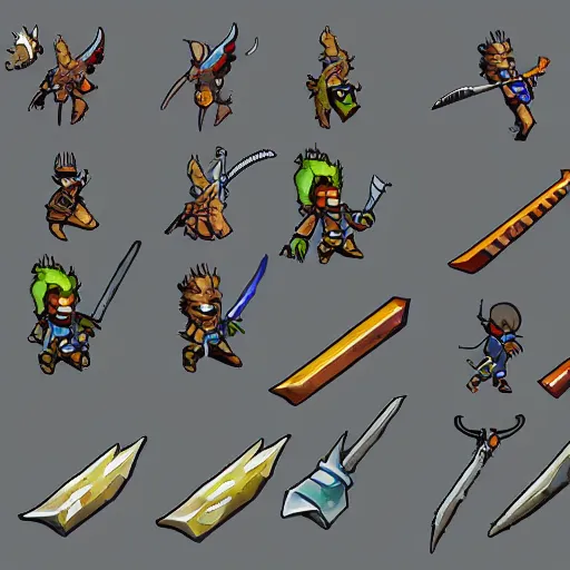 Prompt: top down game art, sprite sheet, swords