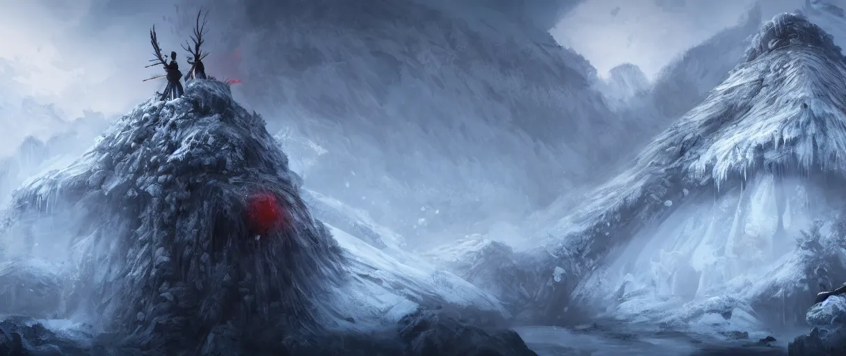 Image similar to digital painting of a frozen ice covered volcano, style sekiro, concept art, high angle, high detail, cold lighting, dark, vivid, beautiful, trending on artstation, by Jordan grimmer, no focus, huge scene, terrain visible