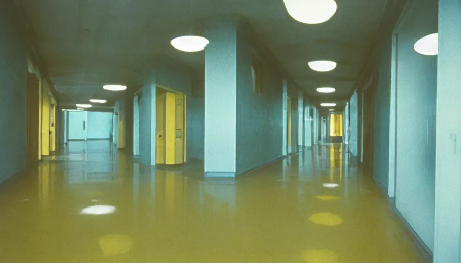 Image similar to 60s movie still of a sovietic stalinist style empty hospital corridor with light yellow tiles floor, cinestill 800t 50mm eastmancolor, liminal Space style, heavy grain-s 150