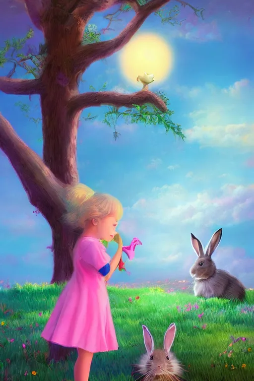 Image similar to matte sharp painting cute little girl and rabbit landscape painted by mark rydel artstation behance storybook lisa frank