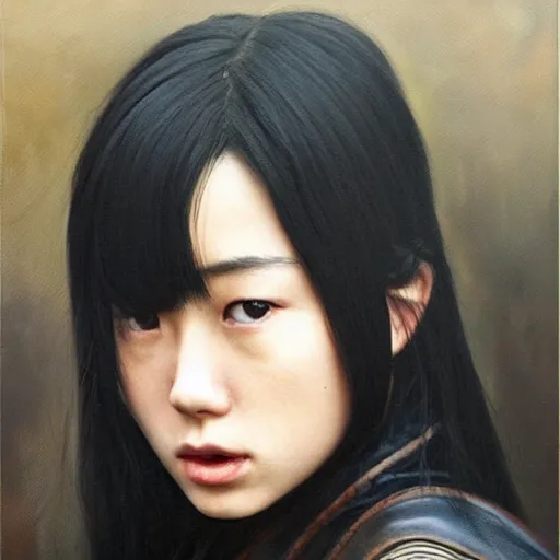 Prompt: perfect, realistic oil painting of close-up japanese young woman wearing leather jacket, in LOTR