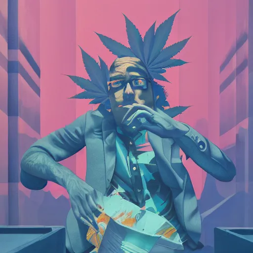 Prompt: matte painting of berner, weed, miami, graffiti, hard edges, geometric 3 d shapes, deep blue, street art, asymmetrical, marijuana, smoke, highly detailed masterpiece by sachin teng x supreme, trending on artstation : 5