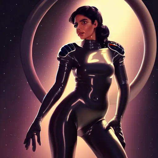 Image similar to a portrait of a very beautiful woman in a spacesuit, Alexandria\'s genesis, shoulder-length black hair, bored, illustration, soft lighting, soft details, painting oil on canvas by mark arian by artgerm, trending on artstation, 4k, 8k, HD, infographic, sci-fi marginalia, holographic