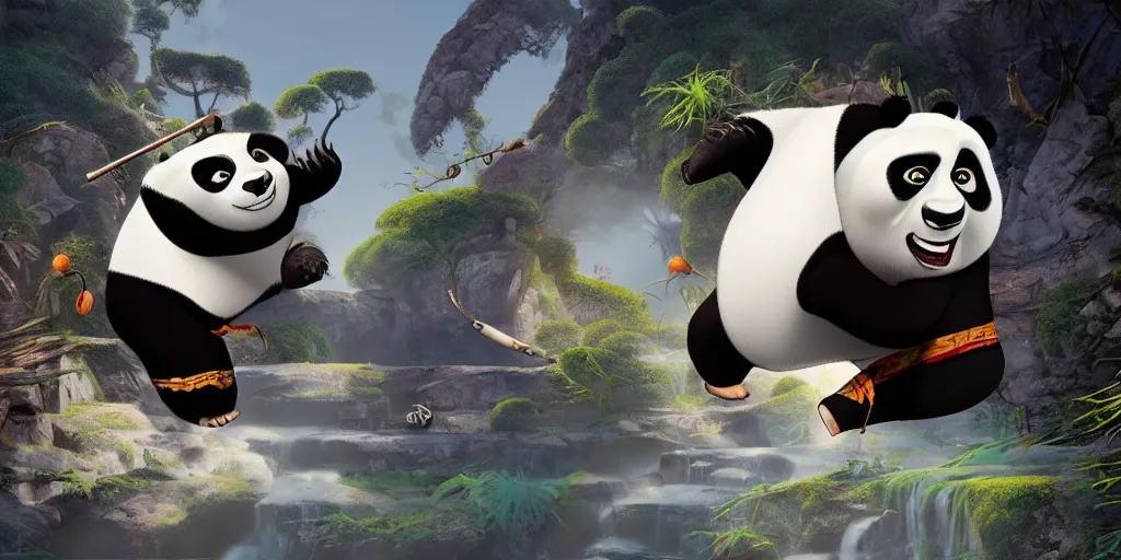 Image similar to mr bean in kung fu panda style, digital art, unreal engine