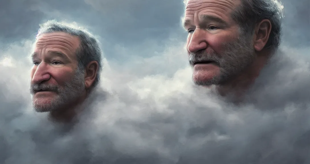 Image similar to robin williams is god, white beard, clouds, heaven, portrait, intricate, detailed, volumetric lighting, scenery, digital painting, highly detailed, artstation, sharp focus, illustration, concept art, ruan jia, steve mccurry