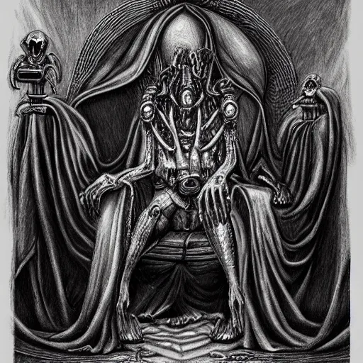 Image similar to pencil illustration. the god emperor on his golden throne. 4 0 k. body horror. in the style of giger.