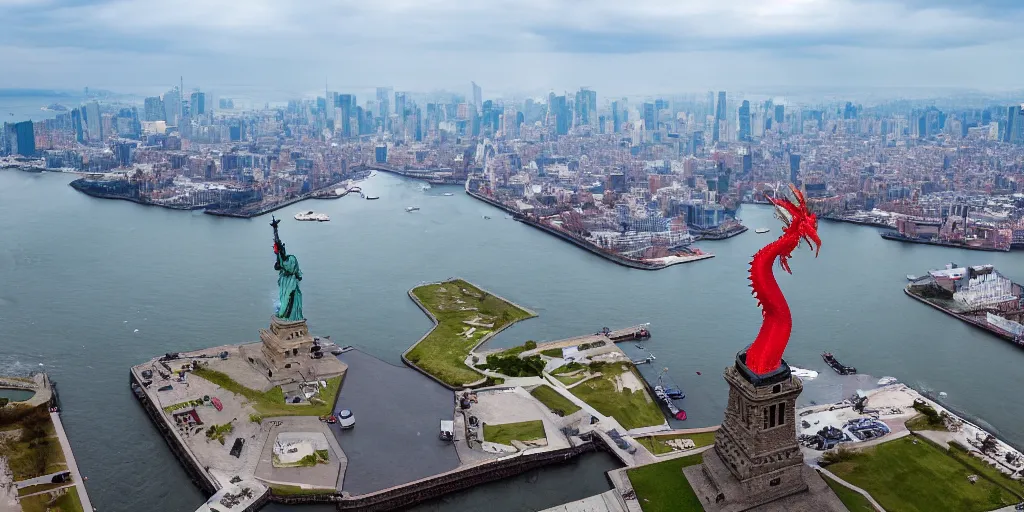 Image similar to a giant dragon on top of the statue of liberty, aerial view, thunderstorms, red lightning, 8k UHD