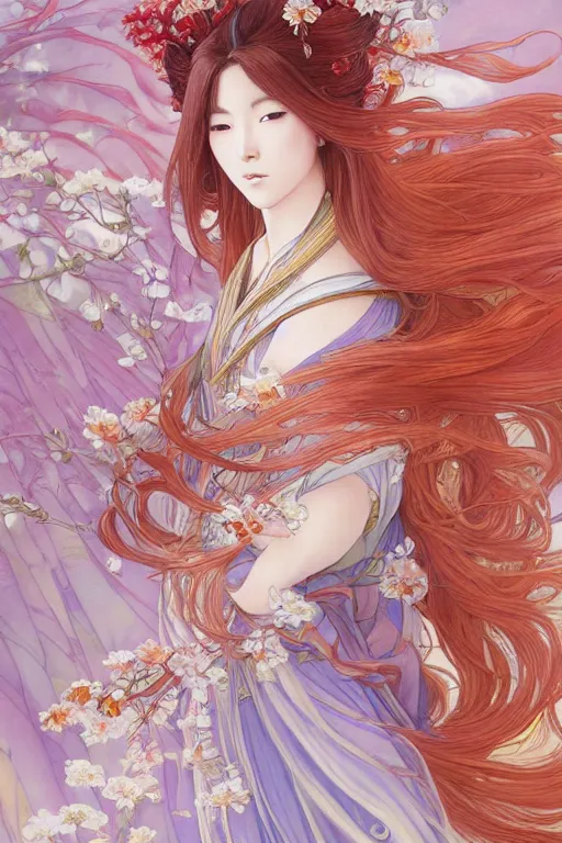 Image similar to breathtaking detailed soft painting of a samurai queen with long flowing red hair, anime style, pastel flower petals flying, in front of a pristine art nouveau cathedral on a wedding day, elegant, volumetric lighting, highly detailed, artstation, concept art, matte, sharp focus, art by ghibli, Alfons Mucha and Miho Hirano