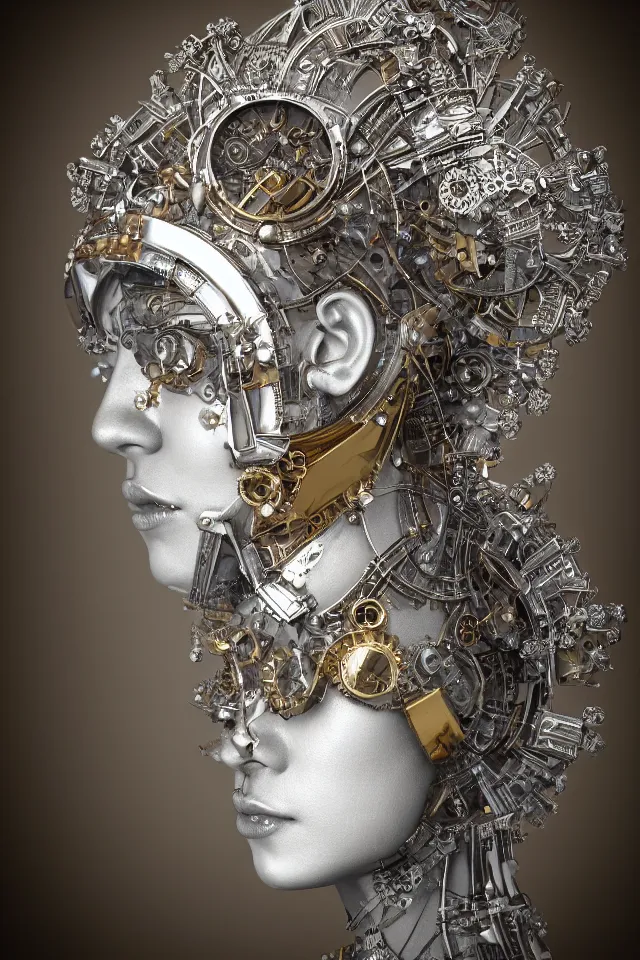 Prompt: beautiful frontal view face portrait of a angelic queen female cyborg, 1 5 0 mm chromatic aberration mandelbrot fractal symmetric, steampunk silver titanium gold, 8 k artistic photogenic, by dora maar art station octane render digital work intricate