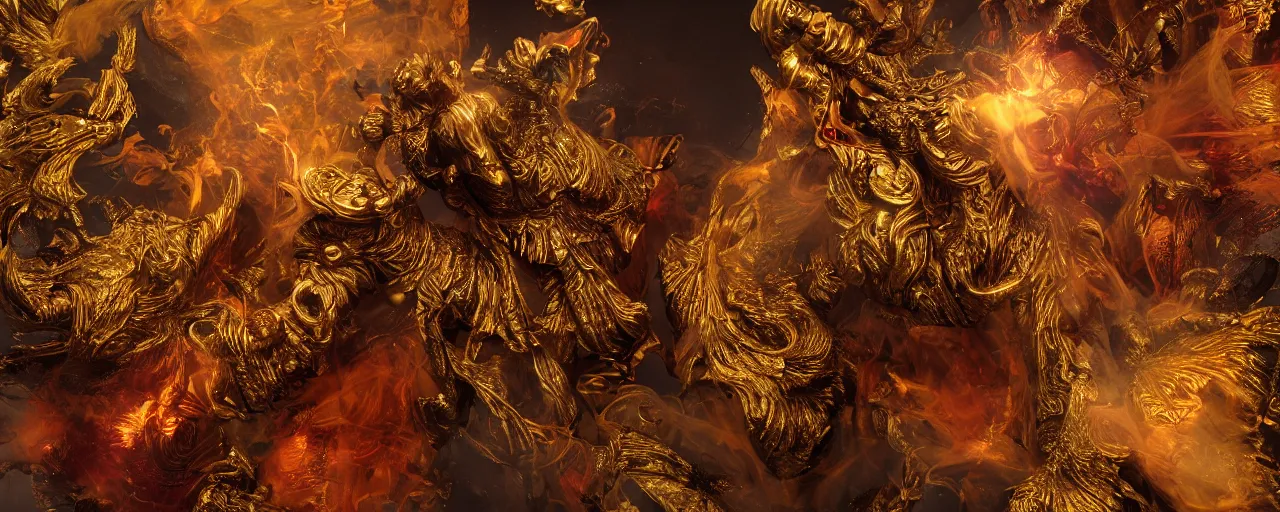 Image similar to 'Deamons unleashed in New York' royally decorated, whirling smoke, embers, gold adornements, gilt silk torn fabric, radiant colors, fantasy, trending on artstation, perfect lighting, studio lit, volumetric lighting, micro details, 3d sculpture, István Sándorfi