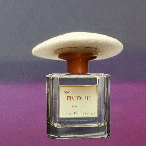 Prompt: a single plum, floating in perfume, served in a mans hat