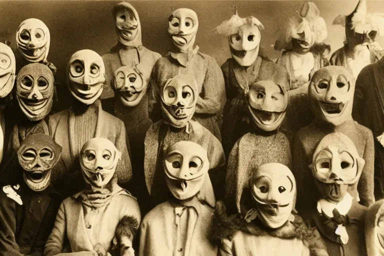 Image similar to vintage photo of villagers wearing weird masks, eerie, bizarre, highly detailed shot, dramatic 8 k uhd