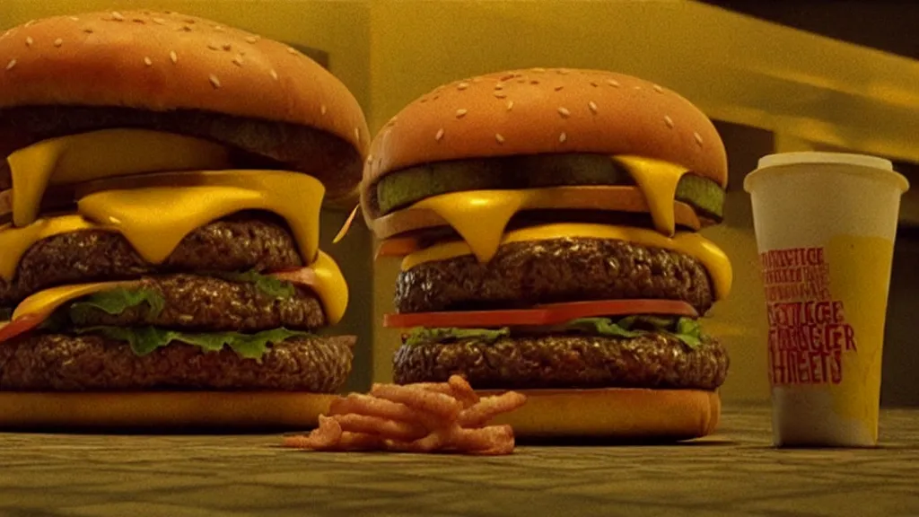 Image similar to the strange cheeseburger creature at the fast food place, film still from the movie directed by denis villeneuve and david cronenberg with art direction by salvador dali and zdzisław beksinski, wide lens