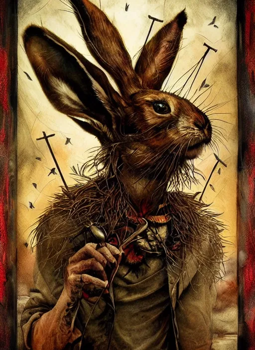 Prompt: the march hare, death tarot card, highly detailed, cinematic, 8 k, by megan duncanson, benjamin lacombe, adrian borda, stanley artgermm, tom bagshaw, craig mullins, carne griffiths, ayami kojima, beksinski, giger, trending on deviantart, hyper detailed, horror, full of colour