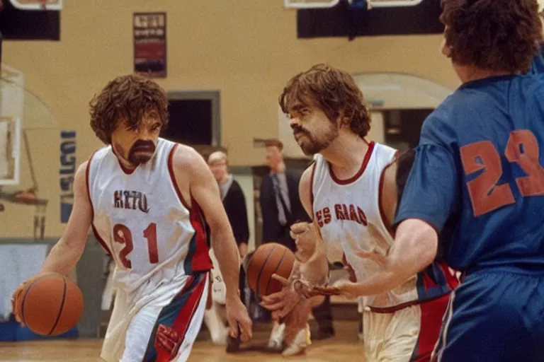 Image similar to peter dinklage playing basketball movie still, from the new slam dunk ernest movie, 8 k, realistic