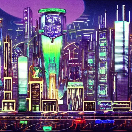 Prompt: Exciting bustling Futuristic Sci-fi Alien metropolis midnight neon city skyscrapers landscape (The Fifth Element 1997)