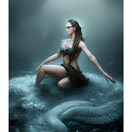 Image similar to full body pose, hyperrealistic photograph of a beautiful siren woman, dim volumetric lighting, 8 k, octane beautifully detailed render, extremely hyper detailed, intricate, epic composition, cinematic lighting, masterpiece, trending on artstation, very very detailed, stunning, hdr, smooth, sharp focus, high resolution, award, winning photo, dslr, 5 0 mm