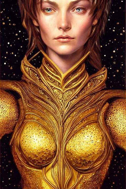 Image similar to high quality extremely detailed closeup portrait of a young gorgeous female warlock looking away from the camera wearing very reflective golden armor, detailed eyes, sparkle in eyes, no hands visible, fantasy, d & d, intricate, painting by lucian freud and mark brooks, hd