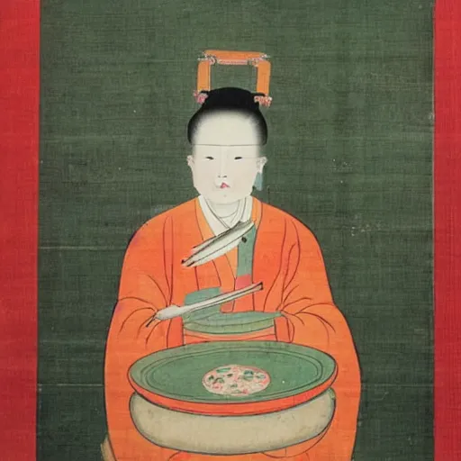 Prompt: the Chinese ancient painting of a lady eating a pizza with fork and knife in Tang Dynasty , by Han Xizai