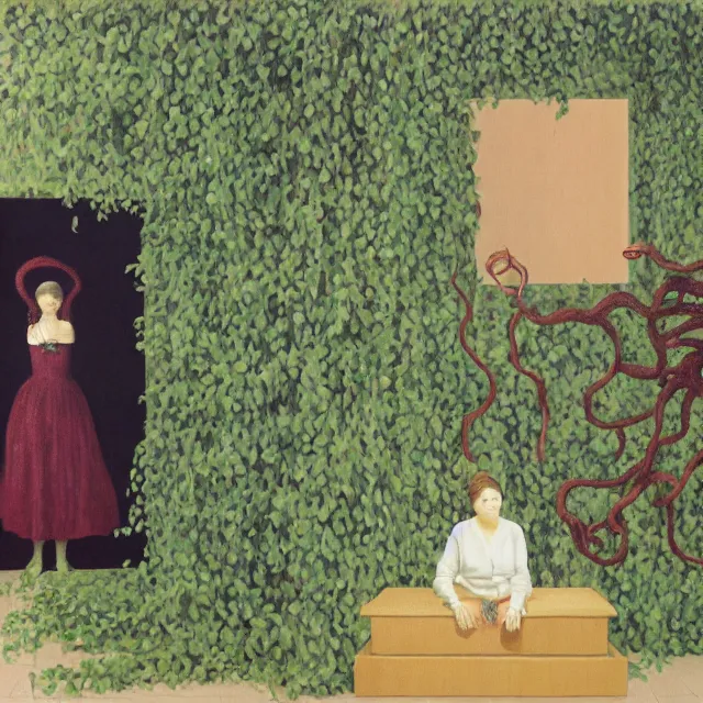 Prompt: a pathology student in her apartment, wrapped in vines, stepping stones, octopus, berries, black walls, ikebana, black armchair, sculpture, moss, acrylic on canvas, surrealist, by magritte and monet