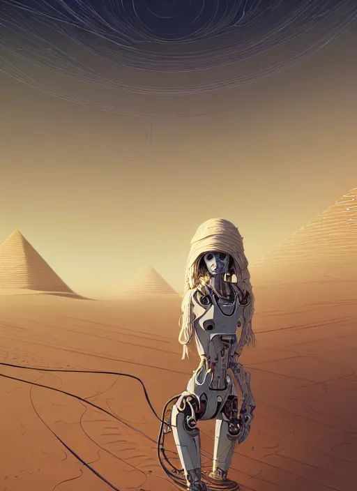 Image similar to highly detailed portrait of a robotic cyborg long curly white hair nomadic tribal lady, stray wiring, emerging from sand by atey ghailan, james gilleard, by joe fenton, by greg rutkowski, by greg tocchini, by kaethe butcher, 4 k resolution, gradient yellow, black and white color scheme!!! ( ( robotic sandstorm robotic pyramid landscape background ) )