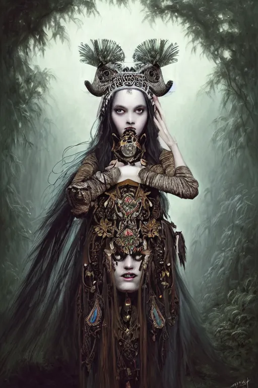 Image similar to A masterpiece ultrarealistic portrait of a Irristible angel princess tribal-shaman-knight-witch-ghost with Skull Iron mask. baroque renaissance girl in the night forest. medium shot, intricate, elegant, highly detailed. trending on artstation, digital art, by Stanley Artgerm Lau, WLOP, Rossdraws, James Jean, Andrei Riabovitchev, Marc Simonetti, Yoshitaka Amano. background by James Jean and Gustav Klimt, light by Julie Bell, 4k, porcelain skin.