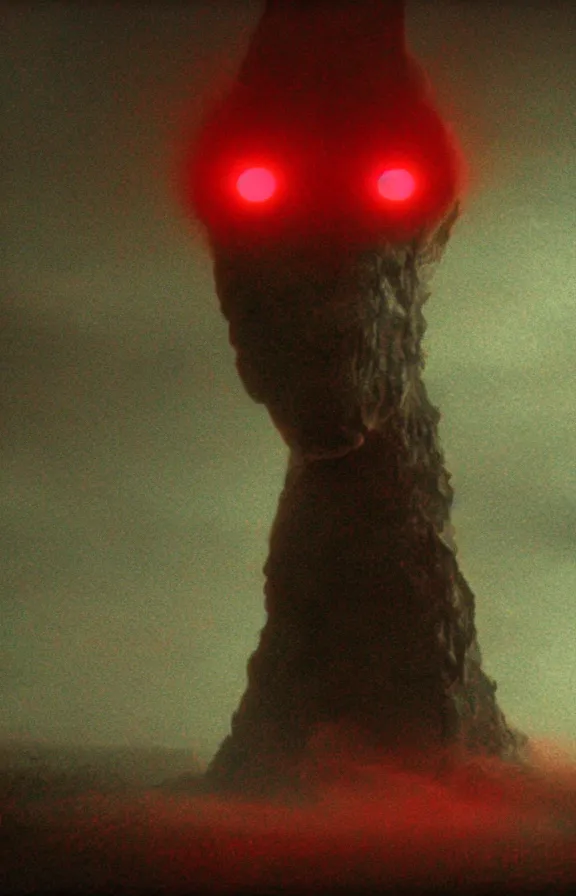 Image similar to very low - resolution found footage of a kaiju monster, fog, foggy, video compression, red hue, thriller, underdeveloped, flare, epic, dramatic