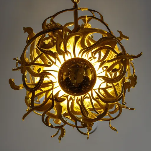 Prompt: chandelier in the shape of a sun with yellow accents designed by salvador dali