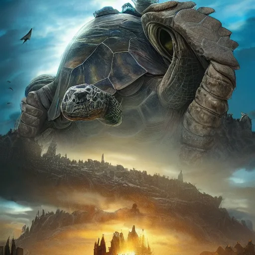 Prompt: gargantuan tortoise with a large fantasy castle armor walking through a sandy wasteland, howls moving castle, mortal engines, mid - distant shot centered birds eye view, fantasy, hyper detailed, 4 k