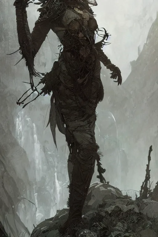 Prompt: a full body portrait of a beautiful post apocalyptic offworld nordic necromancer dancing by the waterfalls, intricate, elegant, highly detailed, digital painting, artstation, concept art, smooth, sharp focus, illustration, art by krenz cushart and artem demura and alphonse mucha