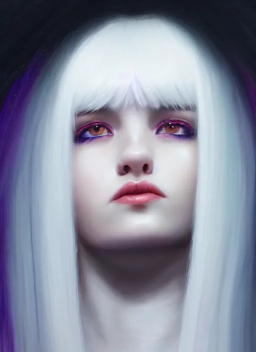 Image similar to hair whitebangs hair, black hair, whitebangs, portrait of teenage girl with white bangs, red irises, purple clothes, white bangs, bangs are different color from hair, intricate, elegant, glowing lights, highly detailed, digital painting, artstation, concept art, smooth, sharp focus, illustration, art by wlop, mars ravelo and greg rutkowski