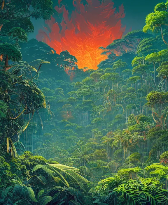 Image similar to simplicity, an elegant structure made out of exotic insects, overgrown with lush floral jungle, partly cloudy, hellscape, hell, fire, brimstone, lava, by dan mumford, yusuke murata, makoto shinkai, ross tran, cinematic, unreal engine, cel shaded, featured on artstation, pixiv