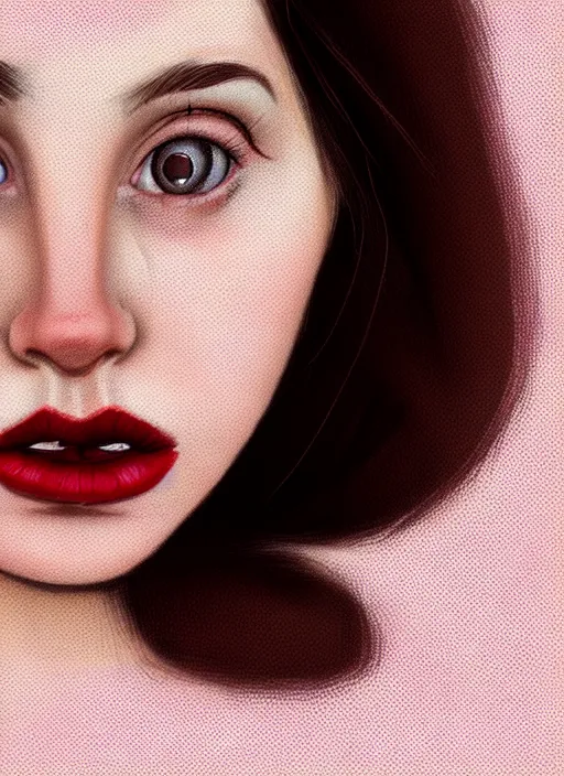 Image similar to highly detailed portrait of a young white woman with brown hair and scarlet lips, photographic realistic background, by tokenin, by glitchedpuppet, gradient pink, black, cream, brown and white color scheme, trending in artstation, award winning details