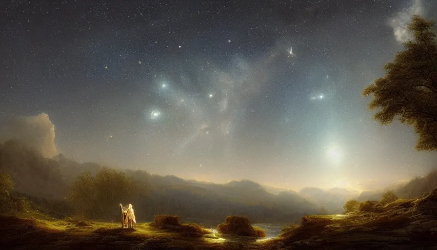 Prompt: stars walking alone in the sky I am as lonely as you on earth by Asher Brown, landscape, romanticism, magical effect, glowing effect, dynamic lights, trending on artstation, 8k