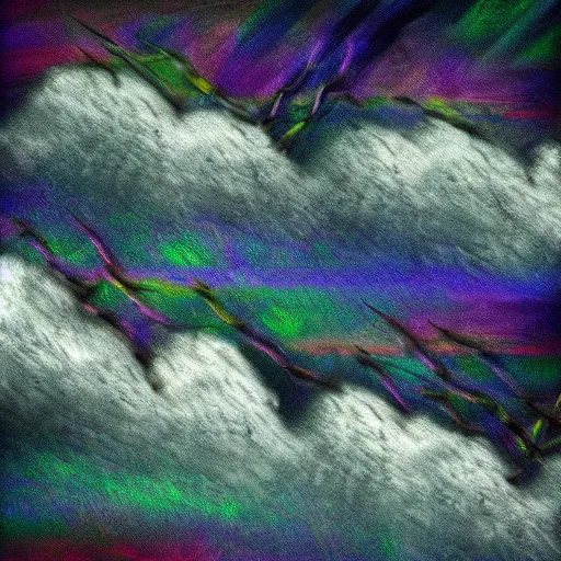 Prompt: iridescent chromatic grunge artwork of barbed wire in the clouds !n 7 !i