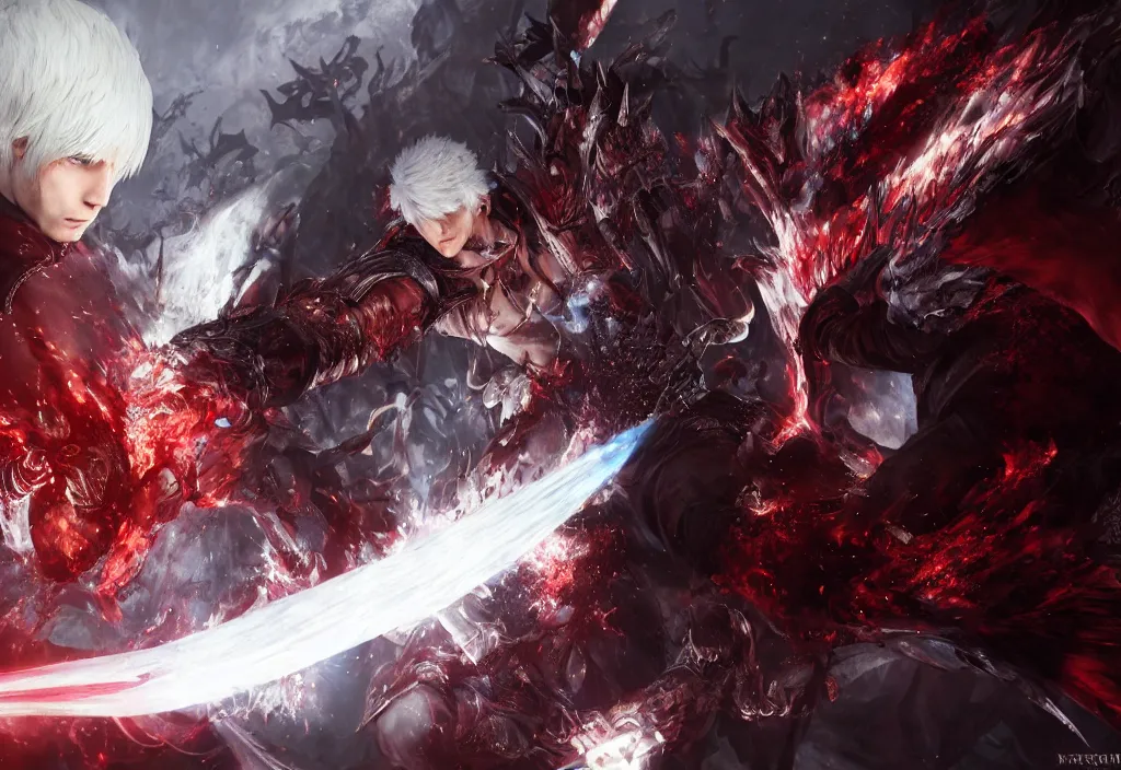 Prompt: a epic and fantasy concept art of devil may cry, by tsuyoshi nagano, akihiko yoshida, aion, hyperdetailed, 8 k realistic, symmetrical, wallpaper, long shot, frostbite 3 engine, cryengine, dof, trending on artstation, digital art