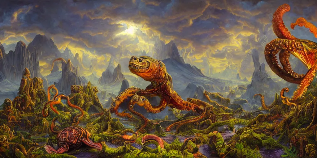 Image similar to fantasy oil painting, great leviathan, cybernetic turtle cephalopod terrapin reptilian pachyderm squid, bella hadid, hybrid, milla jovovich, anubis, epic natural light, lush plants flowers, spectacular mountains, bright clouds, luminous sky, outer worlds, golden hour, michael cheval, edward hopper, michael whelan, vray, hd