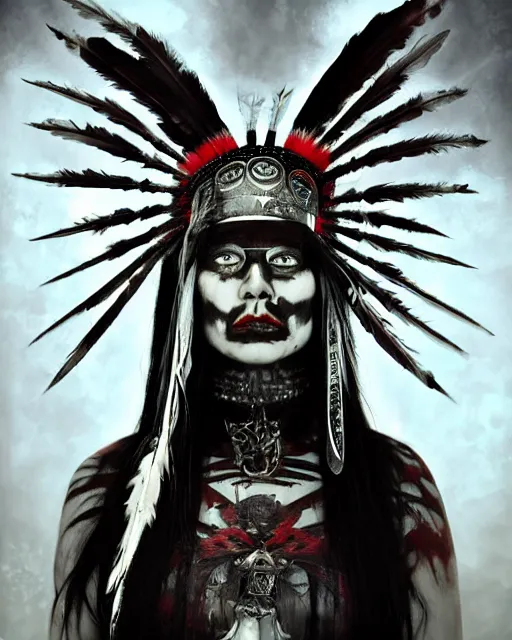 Prompt: lady native sisters ghost - spirit of the grim - warpaint wears the scarlet skull armor and native blood headdress feathers, midnight fog - mist!, dark oil painting colors, realism, cinematic lighting, various refining methods, micro macro autofocus, ultra definition, award winning photo, photograph by ghostwave - gammell - giger - shadowlord