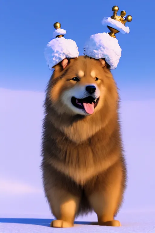 Image similar to happy finnish lapphund dog, wearing a crown, playing in the snow, pixar, disney, 4 k, 3 d render, funny, animation, movie, oscar winning, trending on artstation