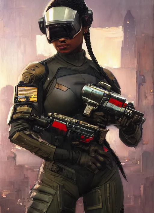 Prompt: Sgt. Sophia Igwe. Strong cyberpunk female USN Assault commando wearing a military cyberpunk exo-suit and stealth suit(cyberpunk 2077, bladerunner 2049). gorgeous face. Iranian orientalist portrait by john william waterhouse and Edwin Longsden Long and Theodore Ralli and Nasreddine Dinet, oil on canvas. Cinematic, hyper realism, realistic proportions, dramatic lighting, high detail 4k