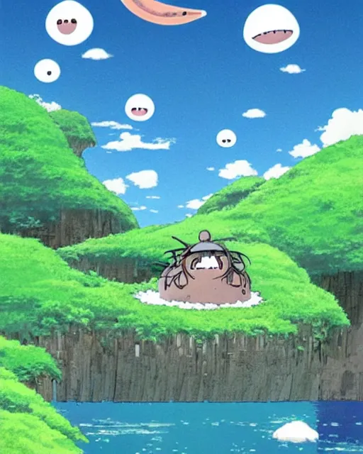 Image similar to a surreal landcape, digital art by studio ghibli, googly eyes, cute, anime artstyle