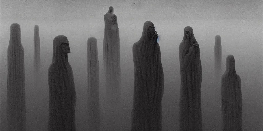 Image similar to matte painting of omniscient tall statues of gods towering above a lone individual, by zdzislaw beksinski, by dariusz zawadzki, by wayne barlowe, gothic, surrealism, cosmic horror, lovecraftian, cold hue's, warm tone gradient background, concept art, beautiful composition