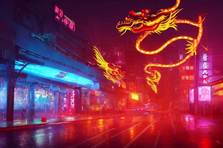 Prompt: cinematic wide angle shot of a neon cybernectic chinese dragon in the rain, midnight city lights, strong bokeh, dramatic lighting, unreal engine, cgsociety, artstation, 4k