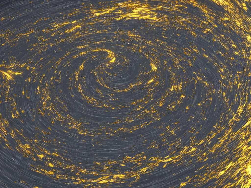 Image similar to fluid gold swirling into a black whole, wide angle perspective, 8 k, unreal engine 5, 3 d animation, big depth of field