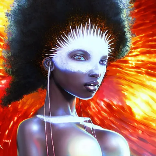 Image similar to Portrait of a Afro caribbean with angel wings, and a glowing halo, white lighting, digital art by Eiichiro Oda, highly detailed, trending on artstation, award winning,