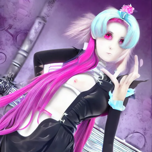 Image similar to trapped by stunningly beautiful omnipotent megalomaniacal otome anime asi goddess who looks like junko enoshima with symmetrical perfect face and porcelain skin, pink twintail hair and mesmerizing cyan eyes, taking control while smiling mischievously, inside her surreal vr castle, hyperdetailed, digital art from danganronpa, 8 k