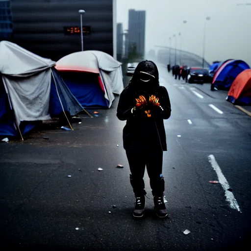 Image similar to Cinestill 50d candid extreme wide shot of a poor techwear mixed woman wearing makeup crying outside of a futuristic city on fire, cyberpunk, tattoos, homeless tents on the side of the road, military police, extreme long shot, desaturated, full shot, action shot, blurry, 4k, 8k, hd, full color